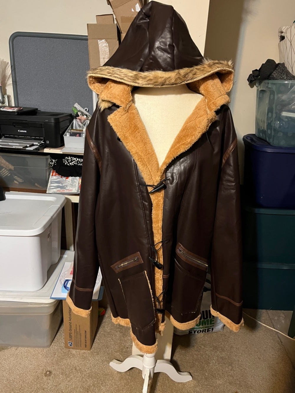 Men's Brown Hooded Faux-Shearling Coat